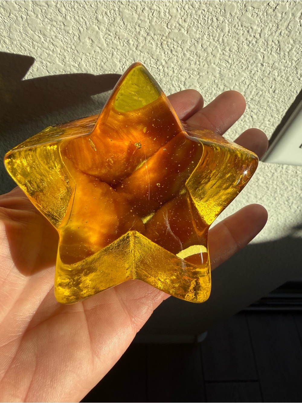 Handmade Amber Art Glass Star Sculpture — “Fire & Light” Signed